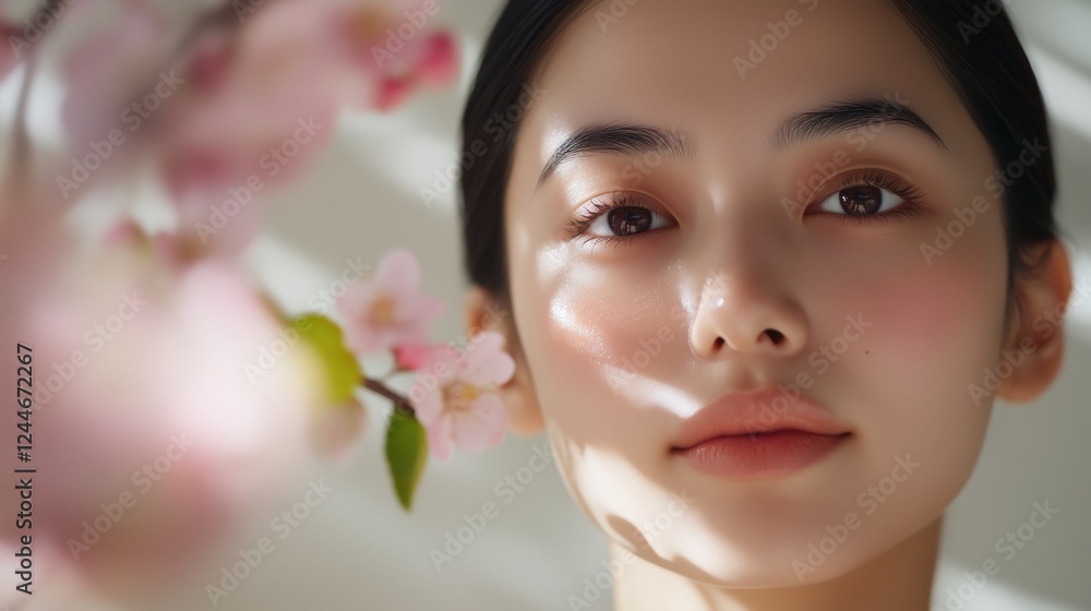 Tranquil Beauty: A captivating close-up portrait of a young woman with smooth, flawless skin, framed by delicate blossoms. Soft, natural light illuminates her serene features. Tranquil Beauty: A captivating close-up portrait of a young woman with smooth, flawless skin, framed by delicate blossoms. Soft, natural light illuminates her serene features.