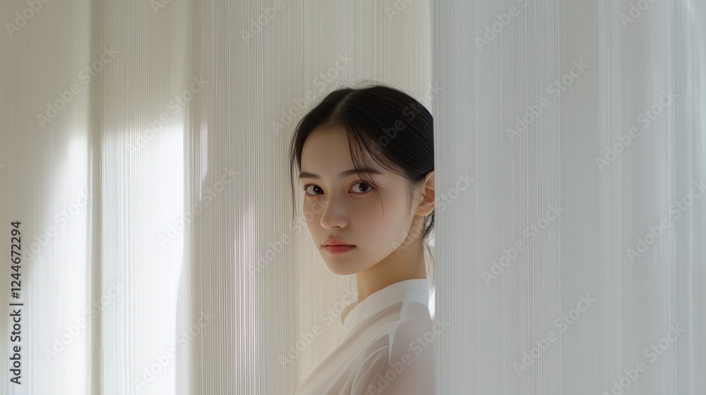 Serene Gaze Through Sheer Curtains: A young woman with dark hair, wearing a sheer white top, gazes directly at the camera from behind a curtain, sunlight softly illuminating her features. Serene Gaze Through Sheer Curtains: A young woman with dark hair, wearing a sheer white top, gazes directly at the camera from behind a curtain, sunlight softly illuminating her features.