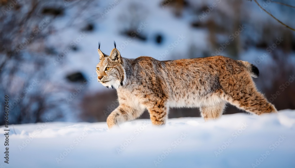 Fototapeta premium Striking Lynx Stepping through Snowy European Wilderness Majestic Felid Navigating Winter Wonderland with FrostKissed Pine Trees and Tranquil Serenity