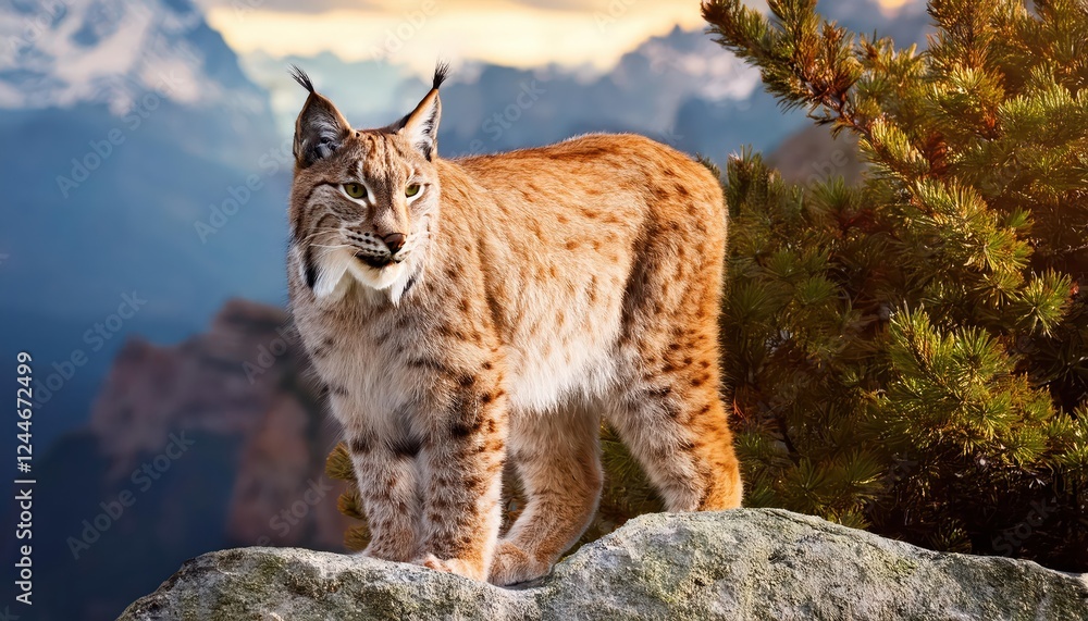 Obraz premium Majestic Lynx Perched on Rocky Cliffside A Captivating Moment of Wilderness Solitude in a Winters Twilight