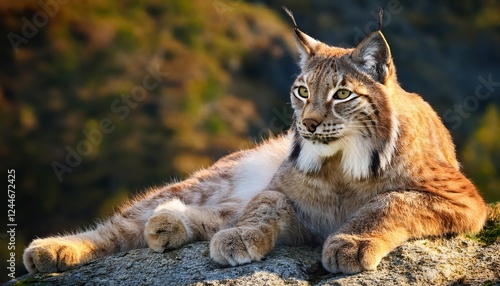 Majestic Silver Lynx Perched on a Rocky Outcrop Amidst the Dusky Landscape, Staring Intently into the Fading Light. photo