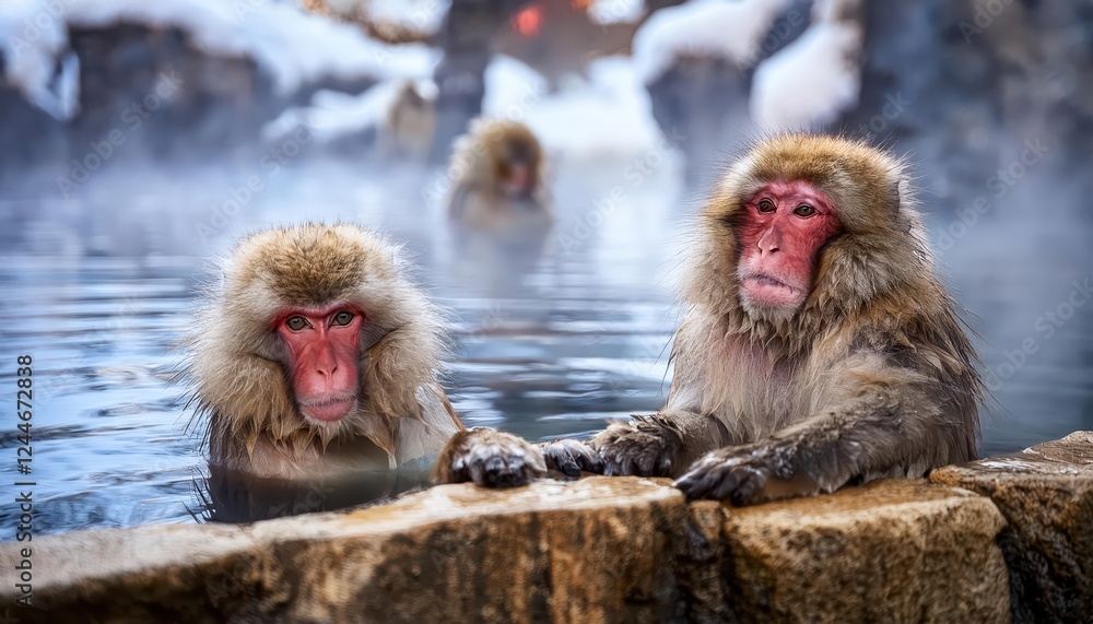 Striking Macaques Gathering in Hot Springs Amidst Snowy Jigokudani Parks Winter Wonderland, Japan, Depicting the Playful Interaction of these Japanese Snow Monkeys in a Natural Hot Spring Oasis Striking Macaques Gathering in Hot Springs Amidst Snowy Jigokudani Parks Winter Wonderland, Japan, Depicting the Playful Interaction of these Japanese Snow Monkeys in a Natural Hot Spring Oasis