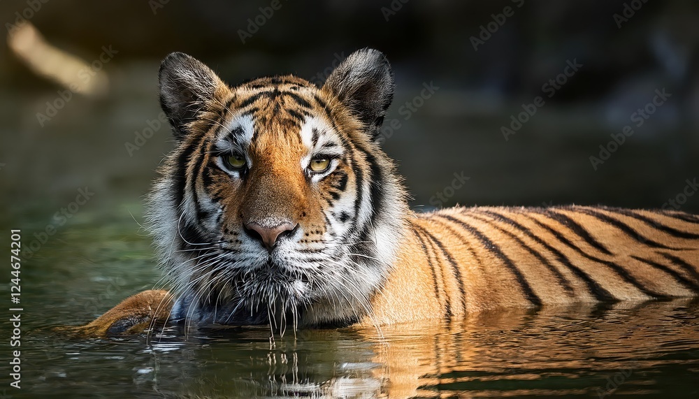 Majestic Sleeping Bengal Tiger Submerged in Water, Majestically Displaying His Power and Tranquility in a Lush Aquatic Environment, Capturing the Essence of Wildlife and Natures Beauty. Majestic Sleeping Bengal Tiger Submerged in Water, Majestically Displaying His Power and Tranquility in a Lush Aquatic Environment, Capturing the Essence of Wildlife and Natures Beauty.