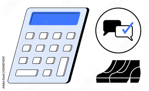 Calculator with blue screen, two chat bubbles with a check mark inside a circle, and escalator steps. Ideal for finance, communication, technology, business growth, productivity, efficiency