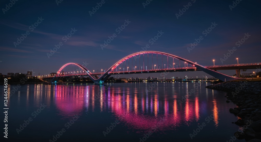 Obraz premium Illuminated urban bridge at night with stunning reflections over calm water