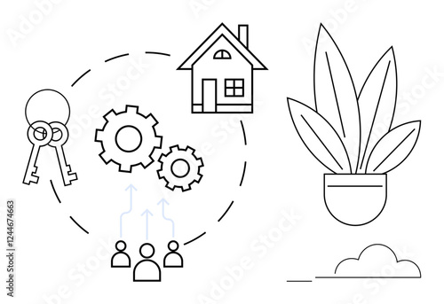 House, keys, gears, and team collaboration outline interconnected in a circular pattern. Adjacent potted plant signifies growth and development. Ideal for real estate, teamwork, investment, property