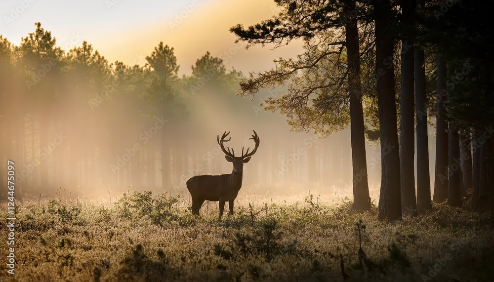 Fototapeta premium Enchanting Misty Dawn Majestic Deer Roaming a Serene Forest Bathed in Soft Light Filtering Through Dense Trees, Capturing the Peaceful Ambiance of Natures Early Morning Glory