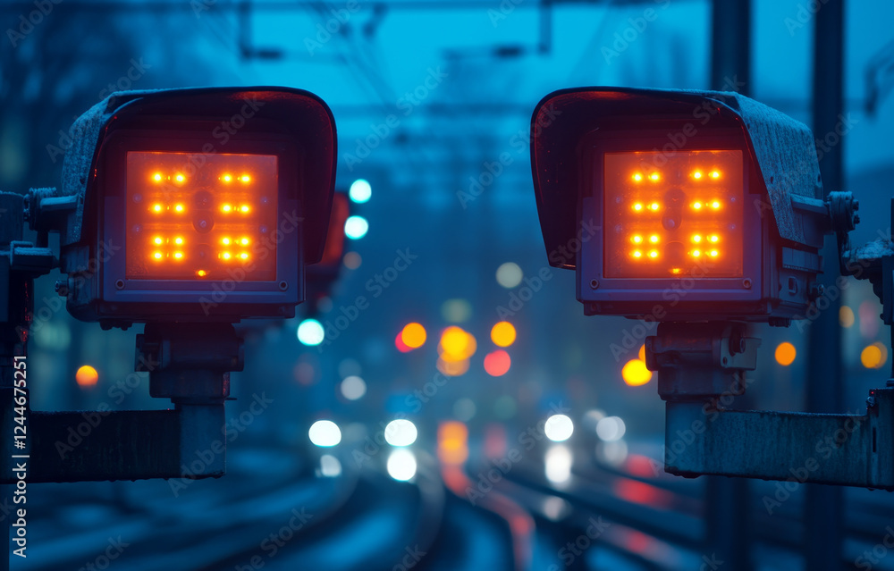 Dual illuminated railway signals at night, city lights blurred in background. Dual illuminated railway signals at night, city lights blurred in background.