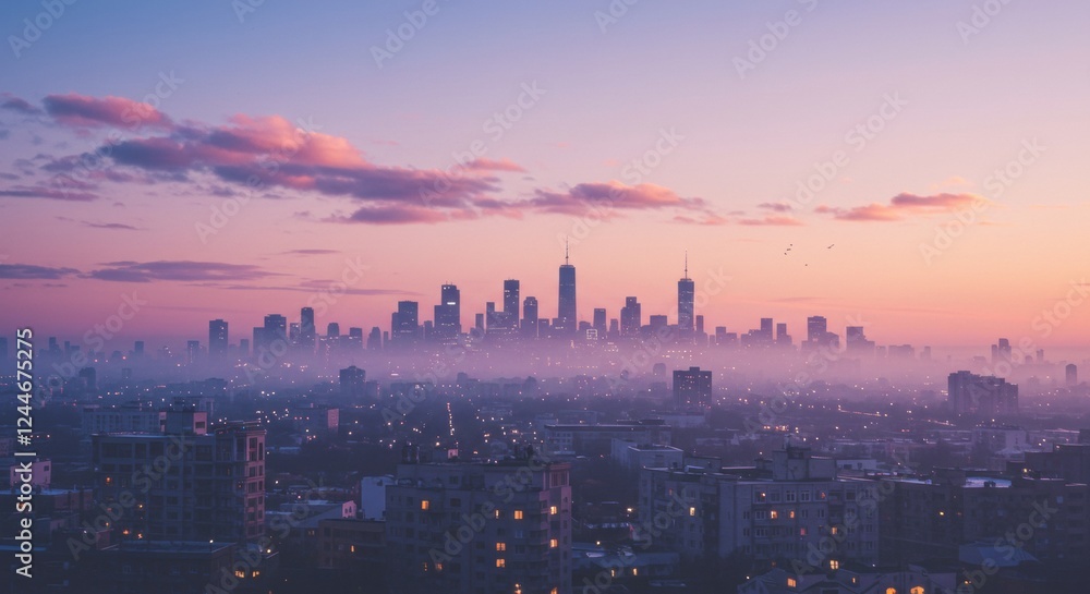 Fototapeta premium Stunning cityscape at dusk with vibrant colors and misty skyline