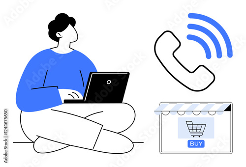 Individual working on laptop with phone icon emitting signal and online shopping cart. Ideal for e-commerce, remote work, communication, technology, online business, customer service, productivity