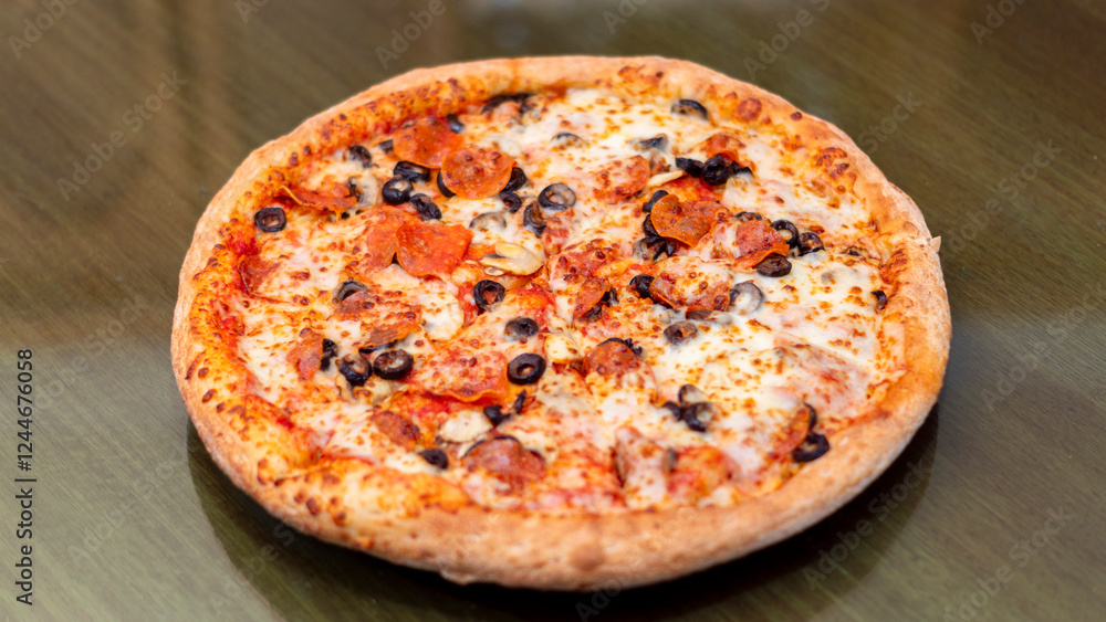 Pizza de pepperoni con aceitunas y champiñones sobre una tabla redonda de madera Pizza de pepperoni con aceitunas y champiñones sobre una tabla redonda de madera