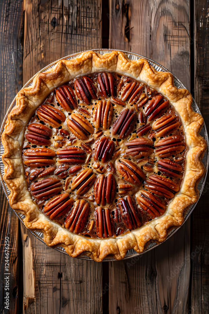Southern-Style Glossy Pecan Pie on a Rustic Wooden Surface Southern-Style Glossy Pecan Pie on a Rustic Wooden Surface