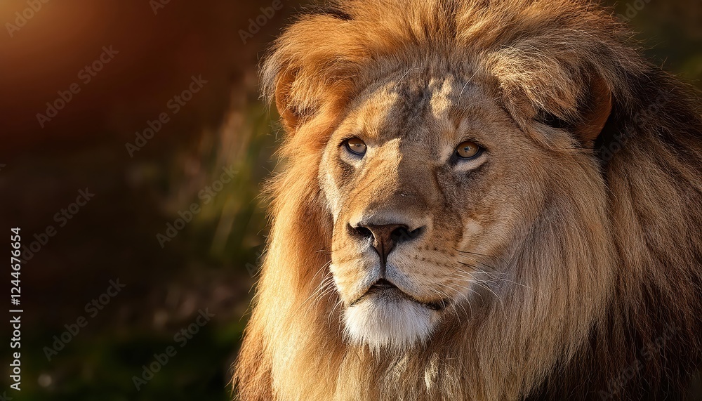 Majestic Lion with Golden Mane Sunlit Portrait of a Regal King Basking in Windy Plains under Golden Rays, th January at Majestic Lion with Golden Mane Sunlit Portrait of a Regal King Basking in Windy Plains under Golden Rays, th January at