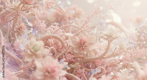 Dreamy pastel floral pattern with abstract digital accents in soft daylight