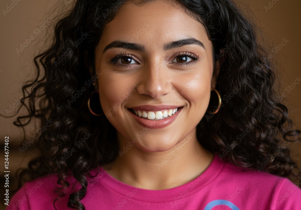 Cheerful young woman with curly hair smiling in pink shirt indoors Cheerful young woman with curly hair smiling in pink shirt indoors