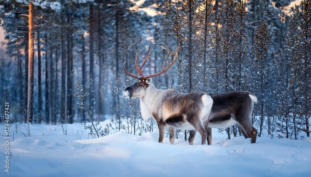 Striking Reindeer Frolic in a Winter Wonderland Forest Majestic Creatures Bask in Snowy Tranquility amidst Lush Evergreens and Icy Landscape Striking Reindeer Frolic in a Winter Wonderland Forest Majestic Creatures Bask in Snowy Tranquility amidst Lush Evergreens and Icy Landscape