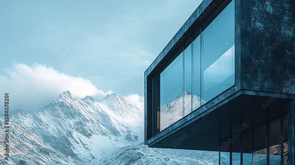 Fototapeta premium Modern mountain retreat offering stunning views of snow-covered peaks in a serene alpine landscape