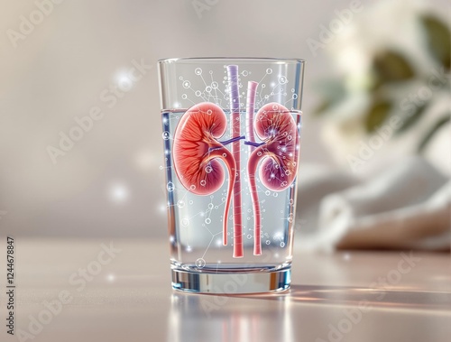 National kidney month concept with glass of water and kidney illustration for health awareness photo