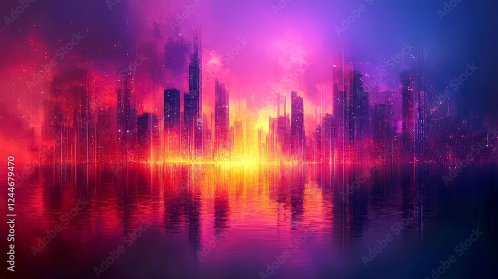 Fiery Cityscape: A Futuristic Metropolis at Sunset, Reflected in Still Waters. A Digital Art Masterpiece. Fiery Cityscape: A Futuristic Metropolis at Sunset, Reflected in Still Waters. A Digital Art Masterpiece.