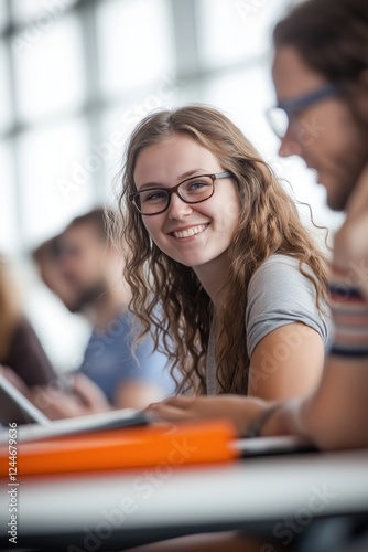Smiling student girl studying with classmates in a bright, modern classroom, engaging in teamwork and enjoying the learning experience