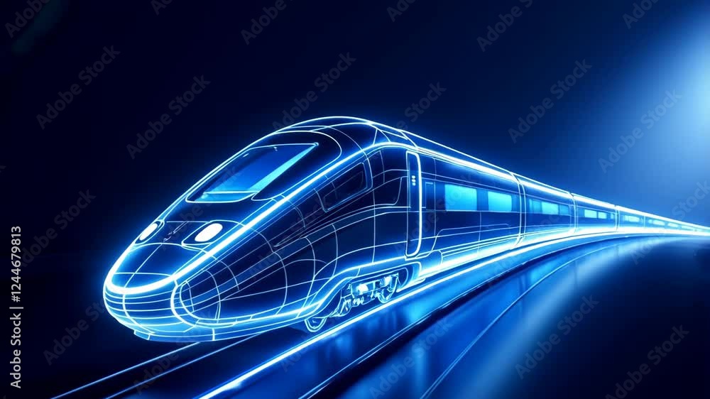 Modern high-speed train in neon blue light effect. Futuristic locomotive design concept showing speed and movement. Digital art visualization of advanced rail transportation technology