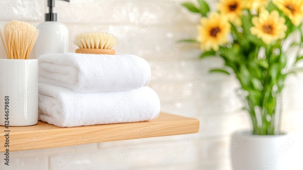 Spa Day Serenity: Soft, fluffy white towels are neatly stacked on a light wood shelf, alongside a bamboo brush and lotion dispenser. Spa Day Serenity: Soft, fluffy white towels are neatly stacked on a light wood shelf, alongside a bamboo brush and lotion dispenser.