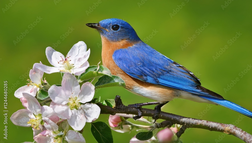 Vivid Vibrancy of a Male Eastern Bluebird Amidst Blossoming Apple Trees Against a Lush Green Backdrop, Embracing the Warmth and Renewal of Spring. Vivid Vibrancy of a Male Eastern Bluebird Amidst Blossoming Apple Trees Against a Lush Green Backdrop, Embracing the Warmth and Renewal of Spring.