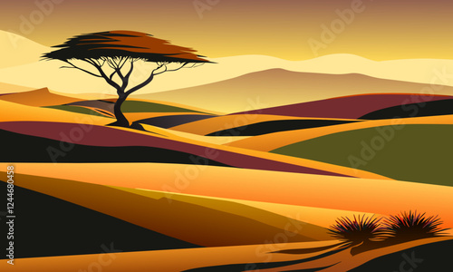 Sand desert landscape with dunes and plants, vector illustration.