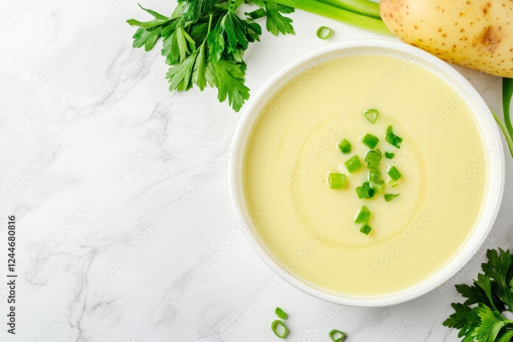 Bowl of soup with parsley and a potato on the side Bowl of soup with parsley and a potato on the side