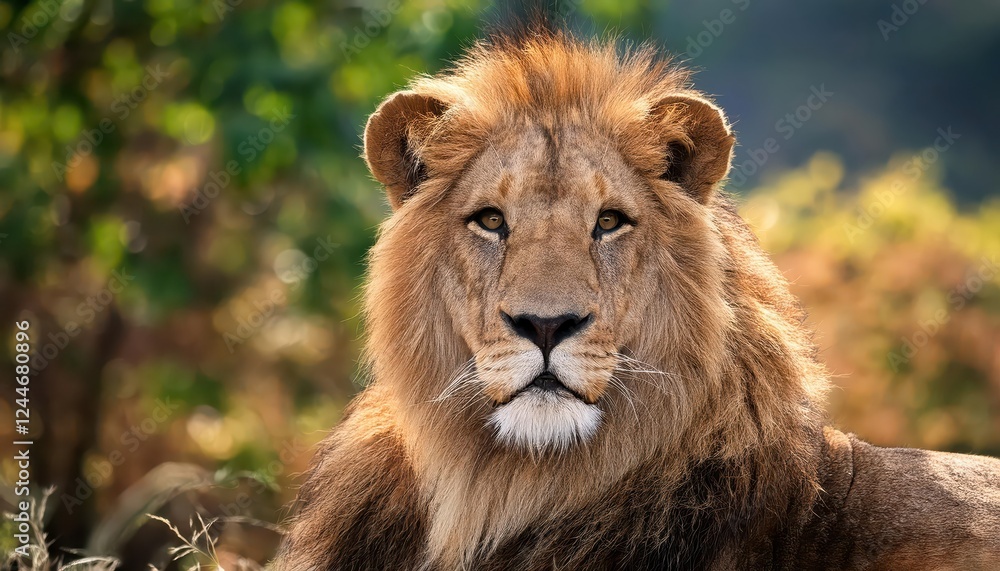 Obraz premium Majestic Portrait of a Male Indian Lion in the Enchanting Bannerghatta Forest, Karnataka, India A Powerful Symbol of Wildlife Majesty Amidst Lush Greenery and Rich Cultural Heritage