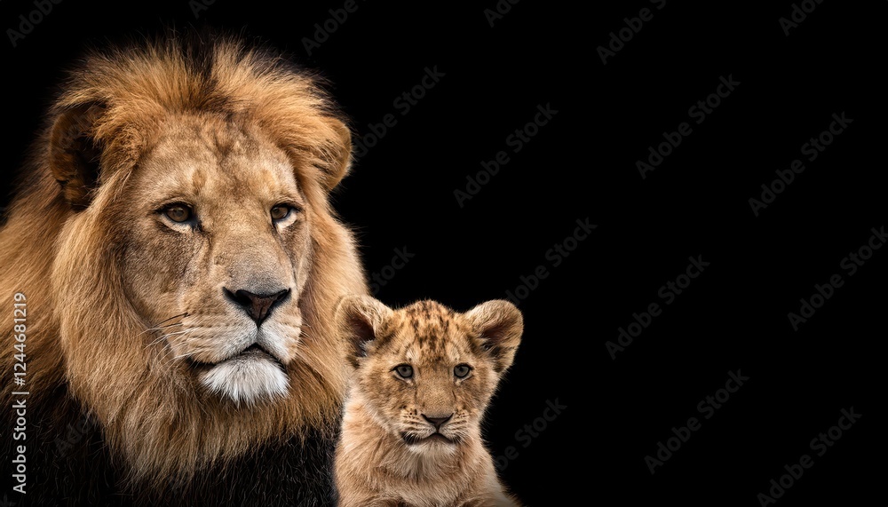 Powerful and tender moment between a mature male lion and his cub set against the African savannah sunset, capturing the raw beauty of the African wilderness. Powerful and tender moment between a mature male lion and his cub set against the African savannah sunset, capturing the raw beauty of the African wilderness.