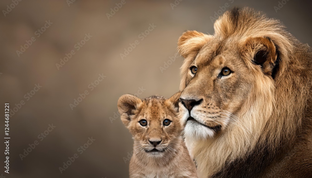 Striking Portrait of Majestic Male Lion and Playful Cub in Serengeti Savannah, Capturing the Essence of African Wildlifes Dynamic Bond. Striking Portrait of Majestic Male Lion and Playful Cub in Serengeti Savannah, Capturing the Essence of African Wildlifes Dynamic Bond.