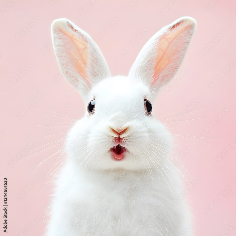 Portrait of a white cute rabbit with surprised expression on a pink background,surprised looking rabbit Portrait of a white cute rabbit with surprised expression on a pink background,surprised looking rabbit