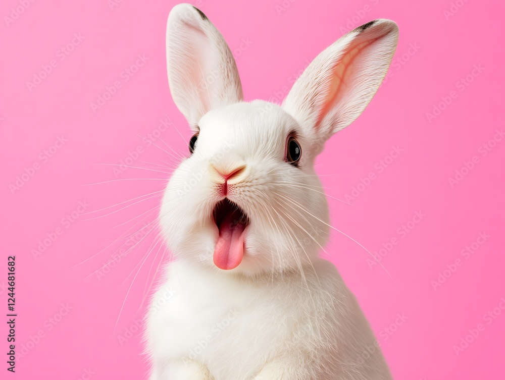 Obraz premium Portrait of a white cute rabbit with surprised expression on a pink background,surprised looking rabbit