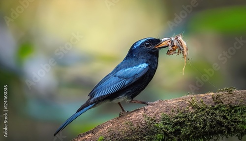 Striking Portrait of a Male Malaysian Blue Flycatcher Cyornis turcosus Captured in Flight with Prey, Set Against a Lush Tropical Rainforest Backdrop photo