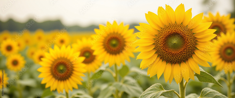 Sunflowers in Full Bloom with Vibrant Yellow Petals Conveying Joy in a Lush Field Under Soft Natural Light Sunflowers in Full Bloom with Vibrant Yellow Petals Conveying Joy in a Lush Field Under Soft Natural Light