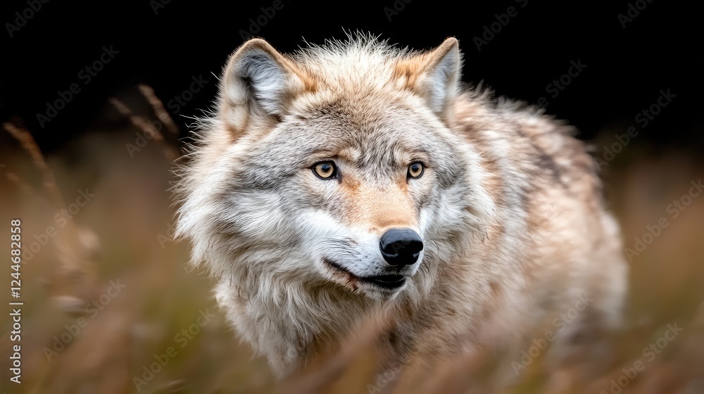 Majestic wolf in autumnal grassland, wildlife portrait Majestic wolf in autumnal grassland, wildlife portrait