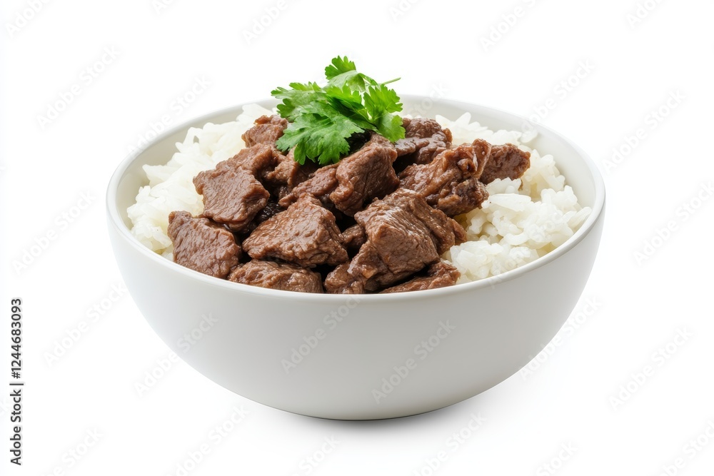 Bowl of rice and meat with green herbs on top Bowl of rice and meat with green herbs on top