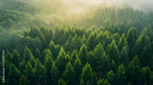 Aerial top view of summer green trees in forest.