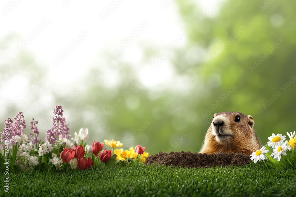 Groundhog emerging from burrow in springtime flowers Groundhog emerging from burrow in springtime flowers