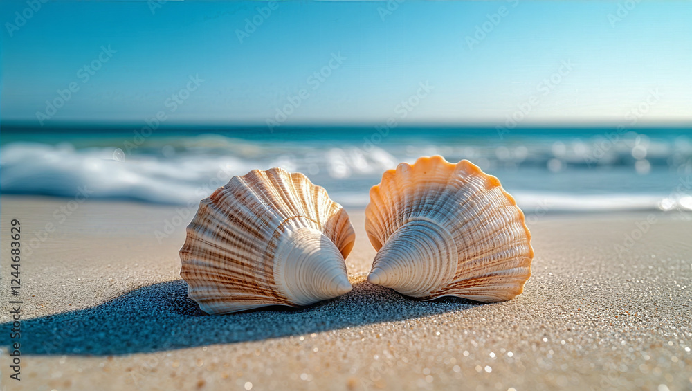 Close-up of Seashells on a Beautiful, Empty , Sandy Beach. Ocean Waves Breaking on Coastal Coastline under Clear Blue Sky. Travel/ Nature Background with Copy Space Close-up of Seashells on a Beautiful, Empty , Sandy Beach. Ocean Waves Breaking on Coastal Coastline under Clear Blue Sky. Travel/ Nature Background with Copy Space
