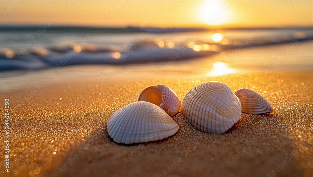 Close-up of Seashells on a Beautiful, Empty , Sandy Beach. Ocean Waves Breaking on Coastal Coastline under Clear Blue Sky. Travel/ Nature Background with Copy Space Close-up of Seashells on a Beautiful, Empty , Sandy Beach. Ocean Waves Breaking on Coastal Coastline under Clear Blue Sky. Travel/ Nature Background with Copy Space
