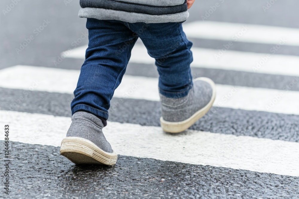 Child is walking across a crosswalk Child is walking across a crosswalk