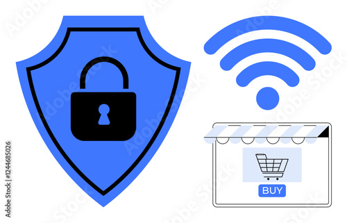 Shield with padlock icon represents security, wireless signal signifies internet connectivity, shopping cart in online store window depicts e-commerce activity. Ideal for digital security, safe