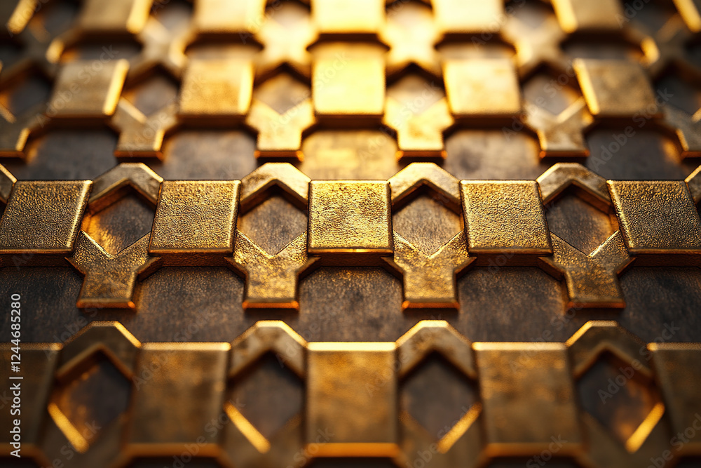 A golden geometrical ornament with alternating squares and hexagons gives a rich and luxurious effect. A golden geometrical ornament with alternating squares and hexagons gives a rich and luxurious effect.