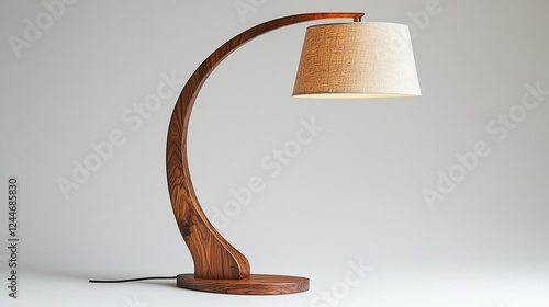 Wooden arc lamp, lit, studio background, home decor photo