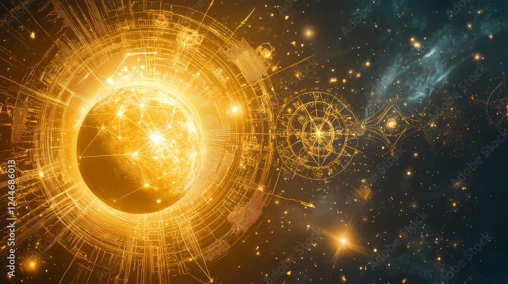 Fototapeta premium A poster highlighting esoteric astrology with golden sun and moon celestial symbols. Esoteric Geometry. Illustration