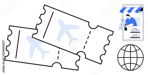 Two airline tickets, a web browser with an online purchase scene, and a globe. Ideal for air travel, online booking, vacation planning, ecommerce, global connectivity, digital transactions customer