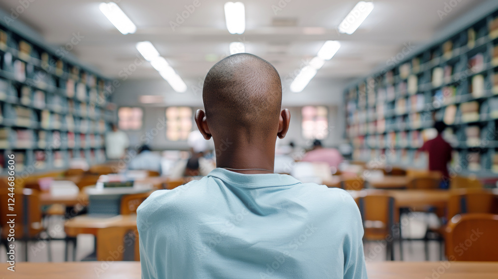 Fototapeta premium A man with a shaved head sits in a library