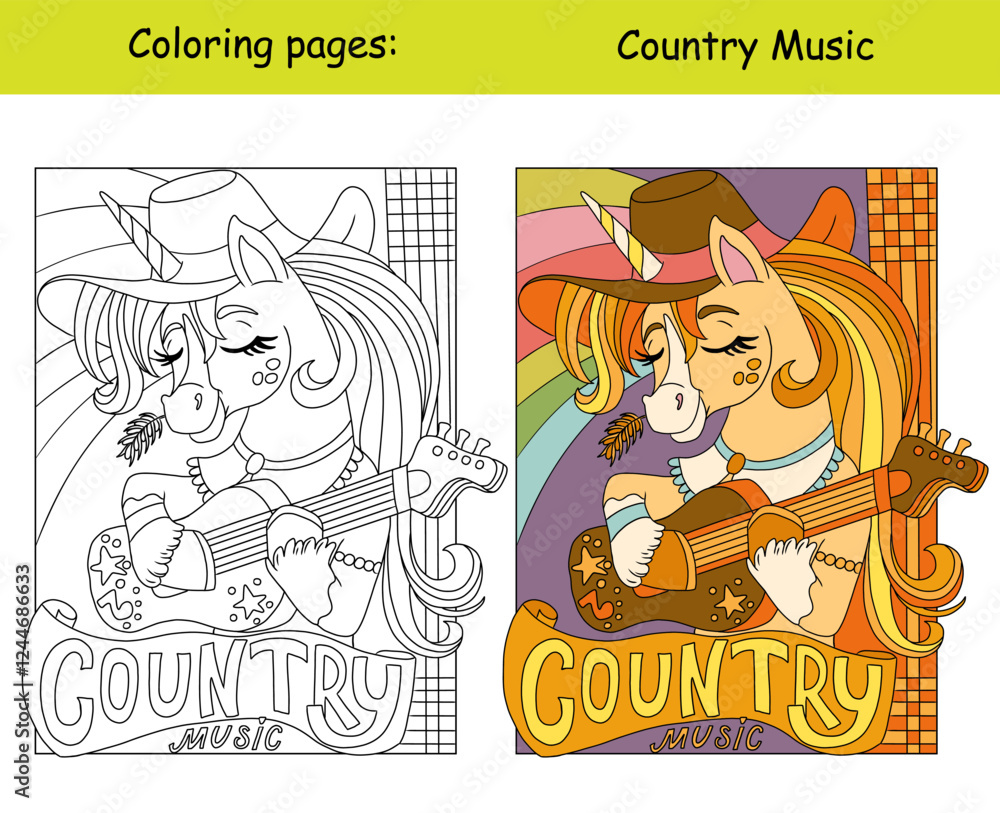 Fototapeta premium Cute country music unicorn kids coloring with color template